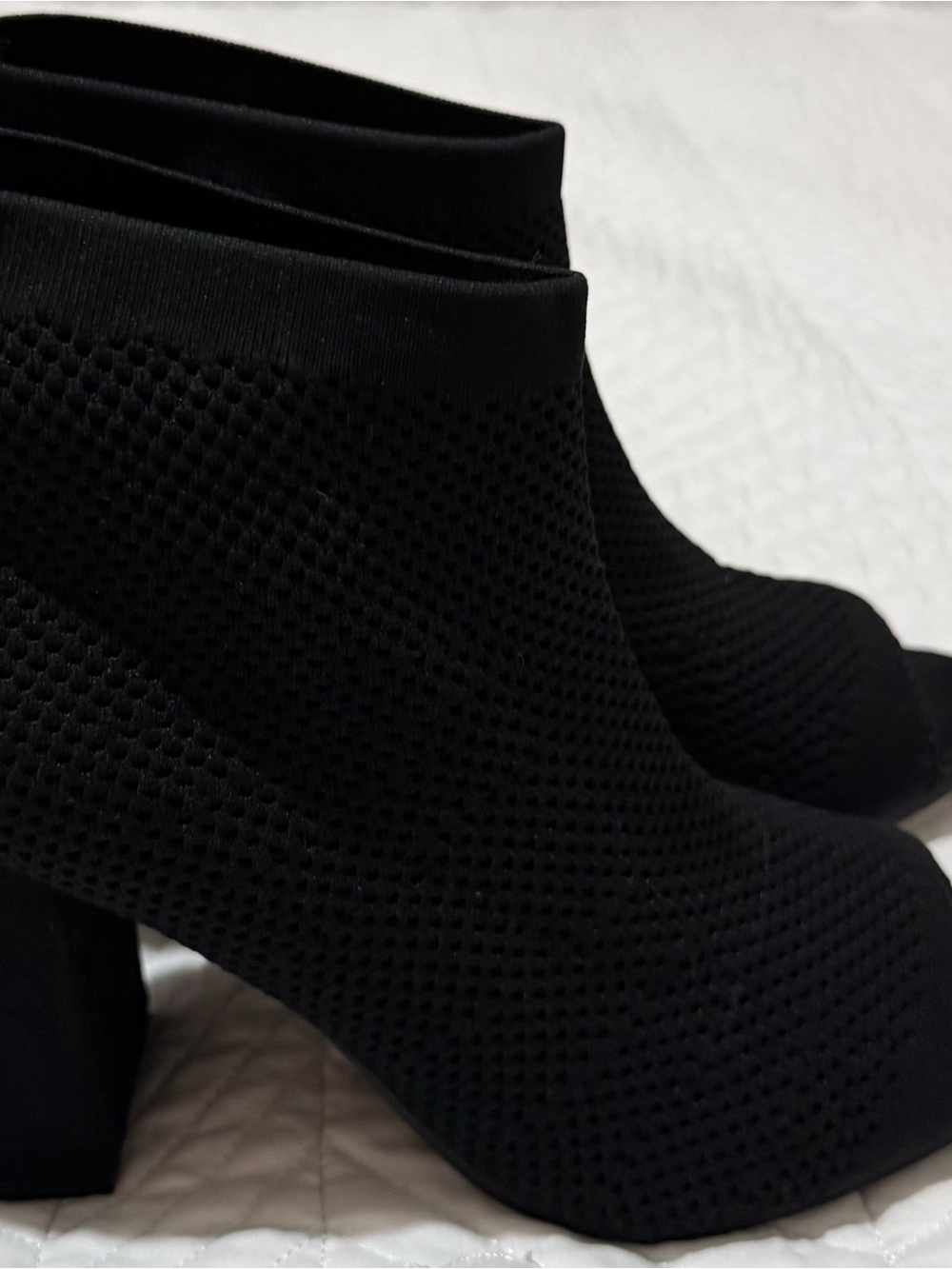 Black Knit Sock Ankle Booties with Block Heel